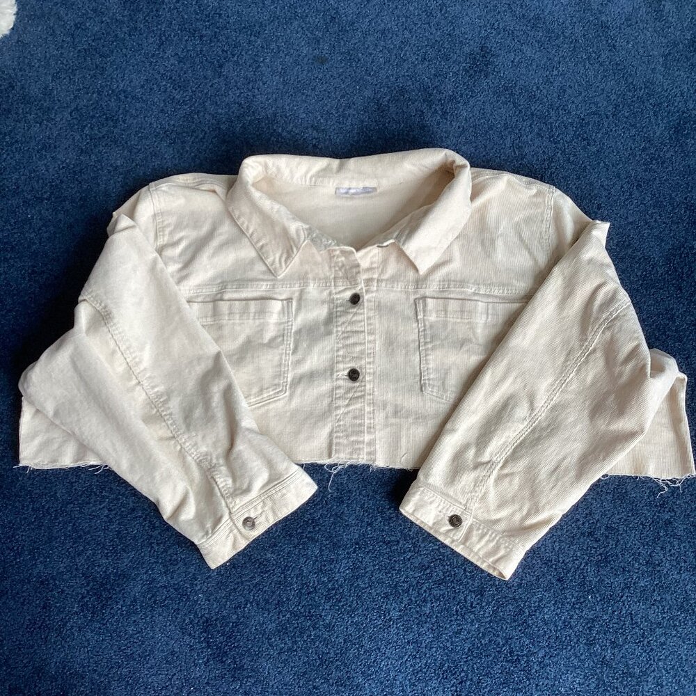 White/Cream Corduroy Jacket with Cutoff Hem - see measurements for size estimate